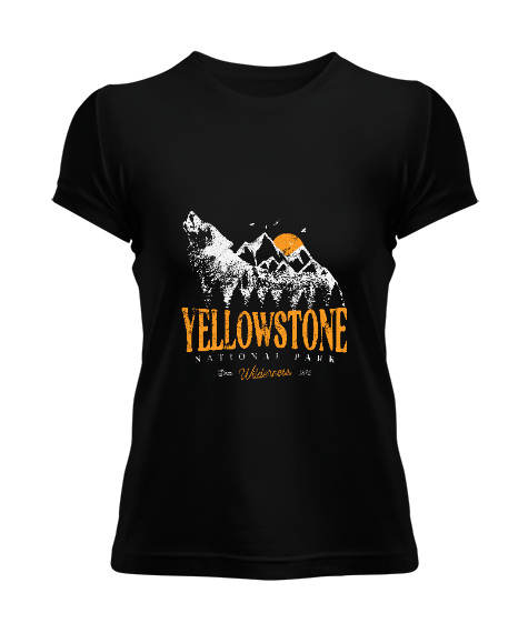 Tisho - Yellowstone National Park Wolf Mountains Vintage Baskılı Siyah Kadın Tişört