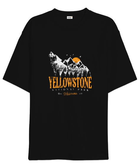 Tisho - Yellowstone National Park Wolf Mountains Vintage Baskılı Siyah Oversize Unisex Tişört