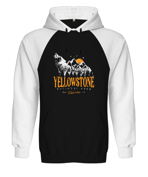 Tisho - Yellowstone National Park Wolf Mountains Vintage Baskılı Siyah/Beyaz Orjinal Reglan Hoodie Unisex Sweatshirt