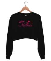Yeni Anne - New Mother - Gül Ve Kalpler Siyah Kadın Crop Sweatshirt - Tisho
