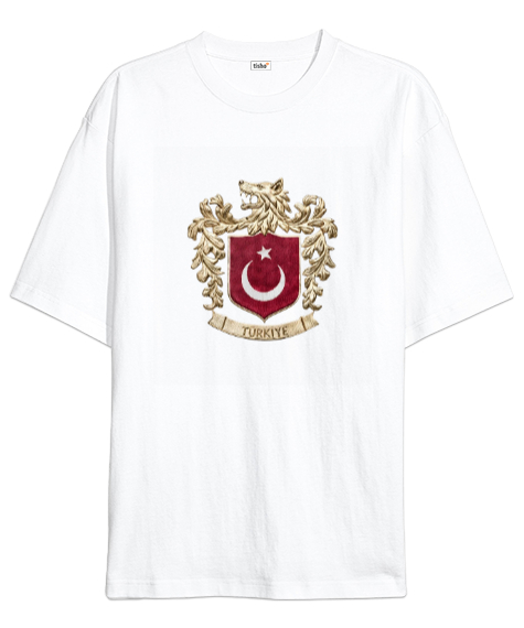 Yeni Bozkurt Armalı Milli Arma Türkiye Beyaz Oversize Unisex Tişört - Tisho