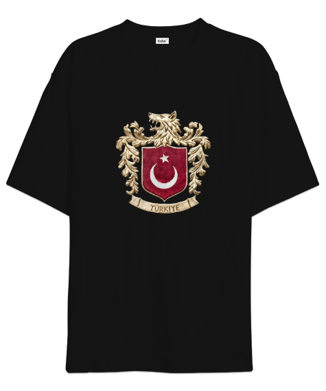 Yeni Bozkurt Armalı Milli Arma Türkiye Siyah Oversize Unisex Tişört - Tisho