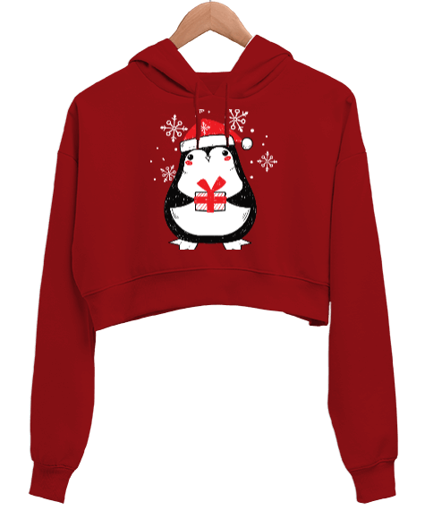 Tisho - yeni yıl tasarımı Kırmızı Kadın Crop Hoodie Kapüşonlu Sweatshirt