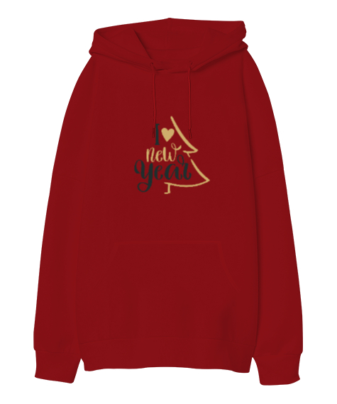 Tisho - Yeni yıl Umudu Kırmızı Oversize Unisex Kapüşonlu Sweatshirt