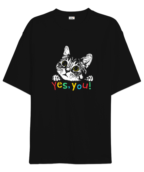 Tisho - Yes you kedi baskılı Siyah Oversize Unisex Tişört