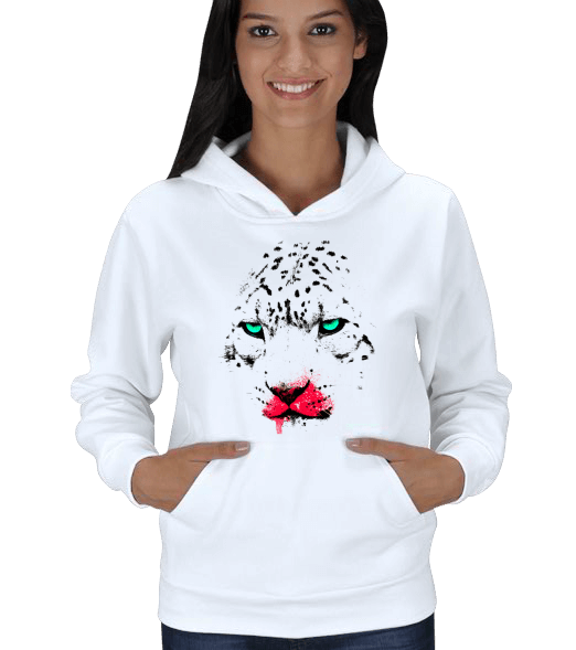 Tisho - Yeşil Gözlü Leopar Desenli Beyaz Sweatshirt Kadın Kapşonlu