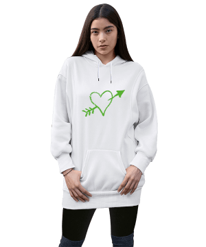 yeşil kalp Kadın Uzun Hoodie Kapüşonlu Sweatshirt - Thumbnail
