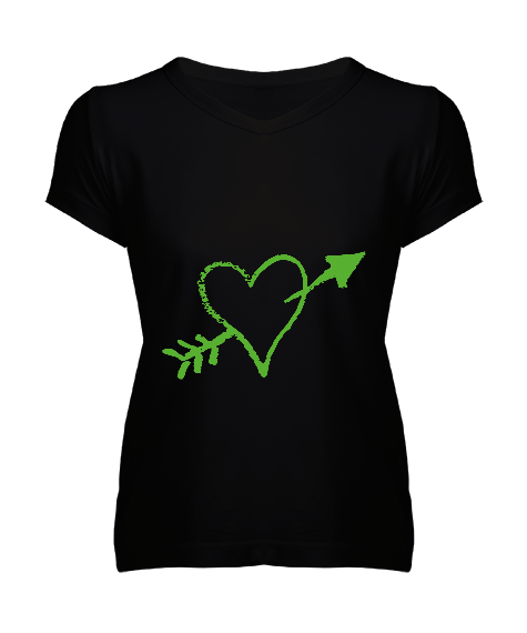 Tisho - yeşil kalpli tasarım Kadın V Yaka Tişört