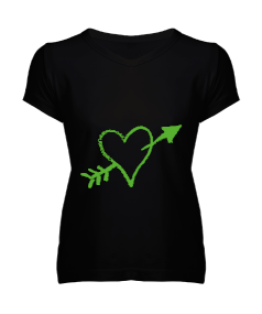 yeşil kalpli tasarım Kadın V Yaka Tişört - Tisho