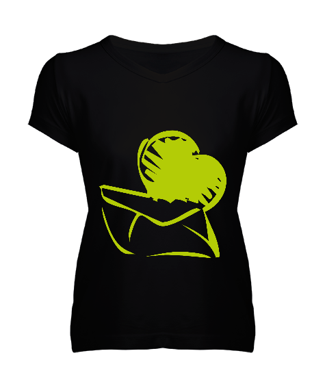 Tisho - yeşil tasarımlı Kadın V Yaka Tişört