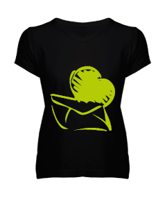 yeşil tasarımlı Kadın V Yaka Tişört - Thumbnail