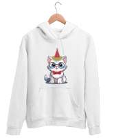 Yılbaşi kedisi Beyaz Unisex Kapşonlu Sweatshirt - Tisho
