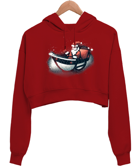 Tisho - Yılbaşı Noel Baba Kırmızı Kadın Crop Hoodie Kapüşonlu Sweatshirt