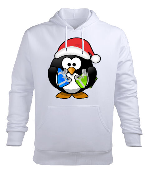 Tisho - Yılbaşı penguen tasarımlı Beyaz Erkek Kapüşonlu Hoodie Sweatshirt