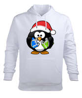 Yılbaşı penguen tasarımlı Beyaz Erkek Kapüşonlu Hoodie Sweatshirt - Tisho