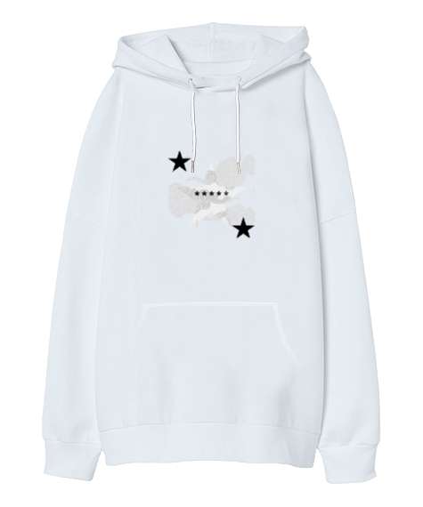 Tisho - Yıldız Baskılı Beyaz Oversize Unisex Kapüşonlu Sweatshirt