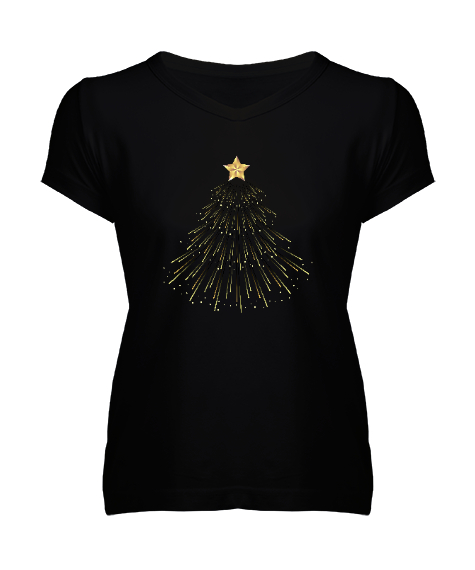 Tisho - Yıldız - Çam Ağacı Süsleme - Işıklar - Yeni yıl Siyah Kadın V Yaka Tişört