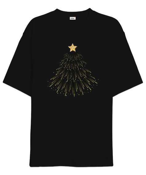 Tisho - Yıldız - Çam Ağacı Süsleme - Işıklar - Yeni yıl Siyah Oversize Unisex Tişört
