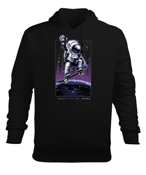 Tisho - Yıldızlara Ulaş - Reach for the Stars Astronaut Baskılı Siyah Erkek Kapüşonlu Hoodie Sweatshirt