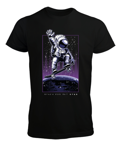Tisho - Yıldızlara Ulaş - Reach for the Stars Astronaut Baskılı Siyah Erkek Tişört