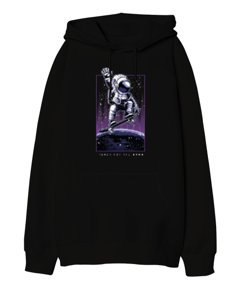 Tisho - Yıldızlara Ulaş - Reach for the Stars Astronaut Baskılı Siyah Oversize Unisex Kapüşonlu Sweatshirt