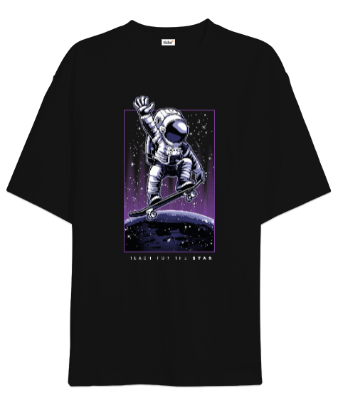 Tisho - Yıldızlara Ulaş - Reach for the Stars Astronaut Baskılı Siyah Oversize Unisex Tişört