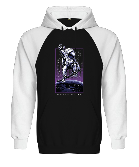 Tisho - Yıldızlara Ulaş - Reach for the Stars Astronaut Baskılı Siyah/Beyaz Orjinal Reglan Hoodie Unisex Sweatshirt