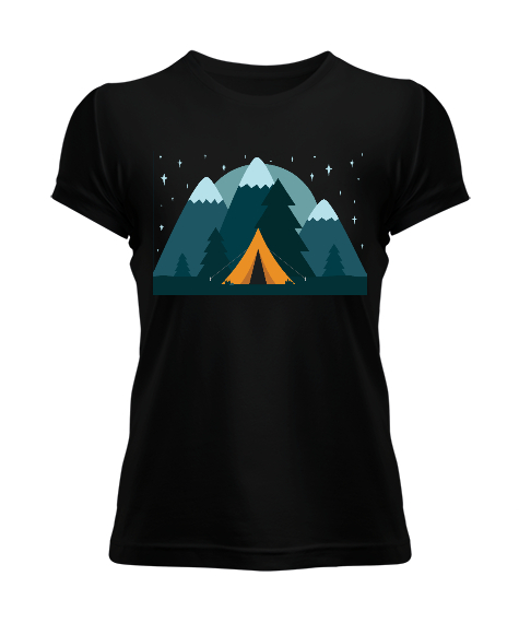 Tisho - Yıldızların Altında Agacların Arasında Dagda Kamp Çadırı Siyah Kadın Tişört