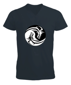 Yin ve Yang Ejderha Füme Erkek Kısa Kol V Yaka Tişört - Tisho