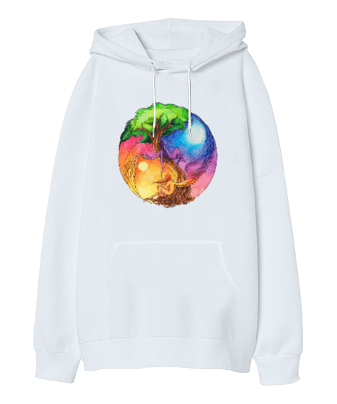 Tisho - Yin Yang Hayat Ağacı Tasarım Baskılı Oversize Unisex Kapüşonlu Sweatshirt