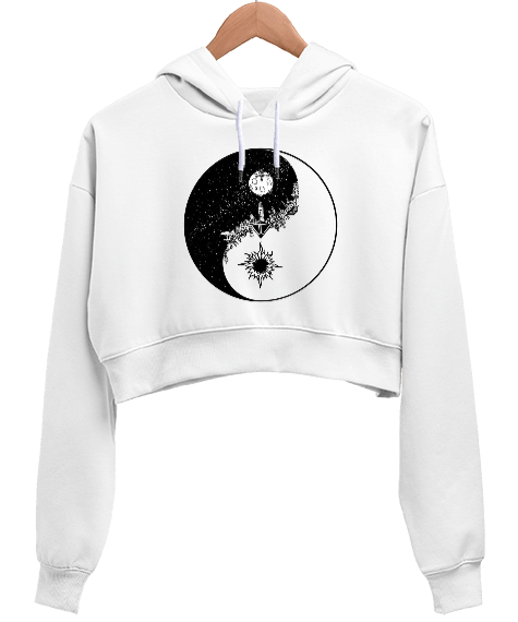 Tisho - Yin Yang Tasarım Baskılı Kadın Crop Hoodie Kapüşonlu Sweatshirt