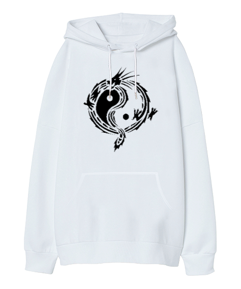 Tisho - Ying Yang Dragon Beyaz Oversize Unisex Kapüşonlu Sweatshirt