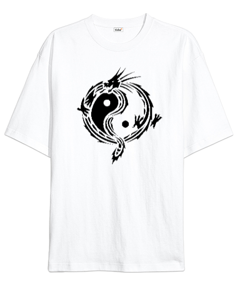 Tisho - Ying Yang Dragon Beyaz Oversize Unisex Tişört
