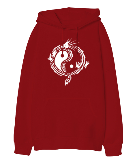 Tisho - Ying Yang Dragon Kırmızı Oversize Unisex Kapüşonlu Sweatshirt