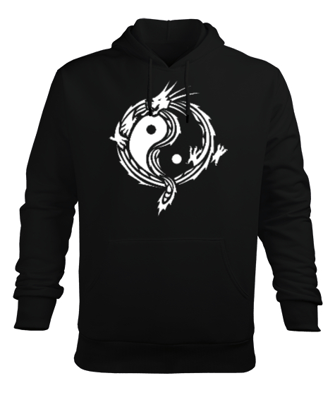 Tisho - Ying Yang Dragon Siyah Erkek Kapüşonlu Hoodie Sweatshirt