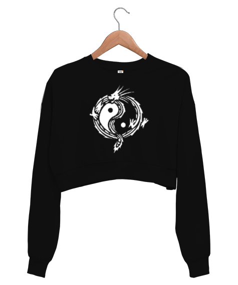 Tisho - Ying Yang Dragon Siyah Kadın Crop Sweatshirt