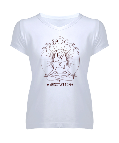 Tisho - Yoga Çakra Om Meditasyon - Ay Evreleri Beyaz Kadın V Yaka Tişört