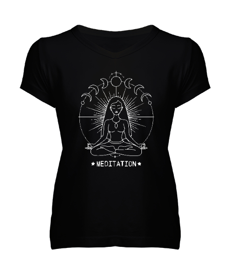 Tisho - Yoga Çakra Om Meditasyon - Ay Evreleri Siyah Kadın V Yaka Tişört