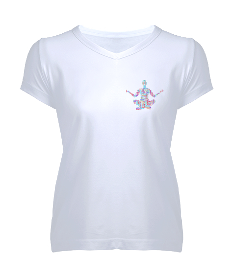 Tisho - Yoga Çakra Om Meditasyon Blu V3 Beyaz Kadın V Yaka Tişört