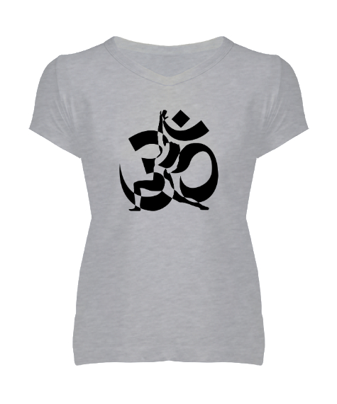 Tisho - Yoga Çakra Om Meditasyon Blu V5 Gri Kadın V Yaka Tişört