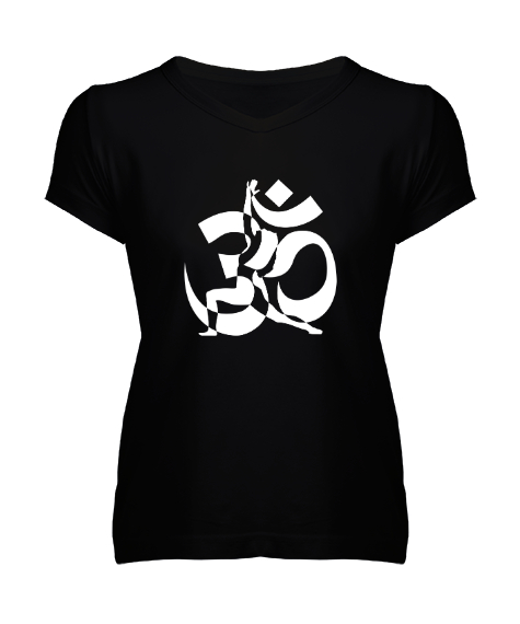 Tisho - Yoga Çakra Om Meditasyon Blu V5 Siyah Kadın V Yaka Tişört