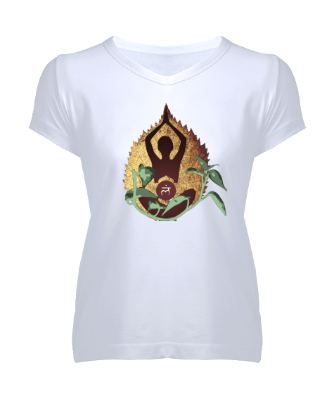 Tisho - Yoga Çakra Om Meditasyon Blu V7 Beyaz Kadın V Yaka Tişört