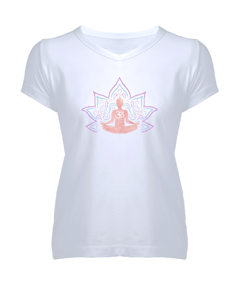 Tisho - Yoga Çakra Om Meditasyon V10 Beyaz Kadın V Yaka Tişört