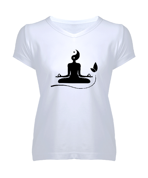 Tisho - Yoga Çakra Om Meditasyon Ying Yang Beyaz Kadın V Yaka Tişört