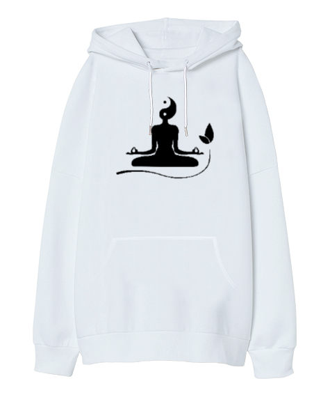 Tisho - Yoga Çakra Om Meditasyon Ying Yang Beyaz Oversize Unisex Kapüşonlu Sweatshirt