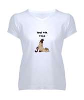 Yoga kedi Beyaz Kadın V Yaka Tişört - Tisho