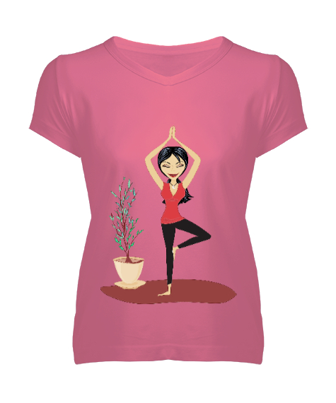 Tisho - Yoga Kız Pembe Kadın V Yaka Tişört