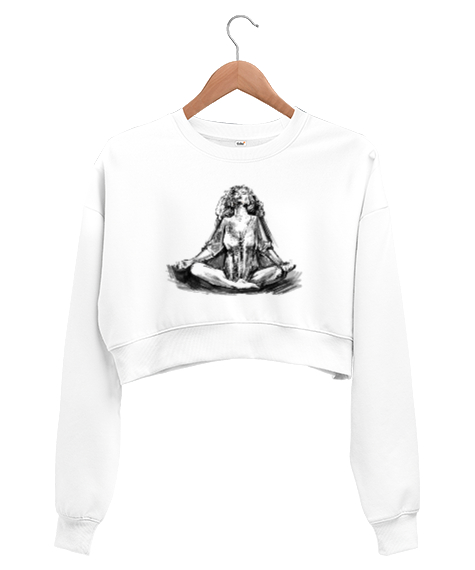 Tisho - Yoga Meditasyon Çakra Om Çizim Beyaz Kadın Crop Sweatshirt