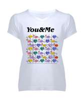 You And Me - Sen ve Ben - Kalpler Beyaz Kadın V Yaka Tişört - Tisho