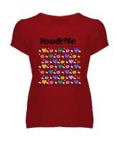 You And Me - Sen ve Ben - Kalpler Kırmızı Kadın V Yaka Tişört - Tisho